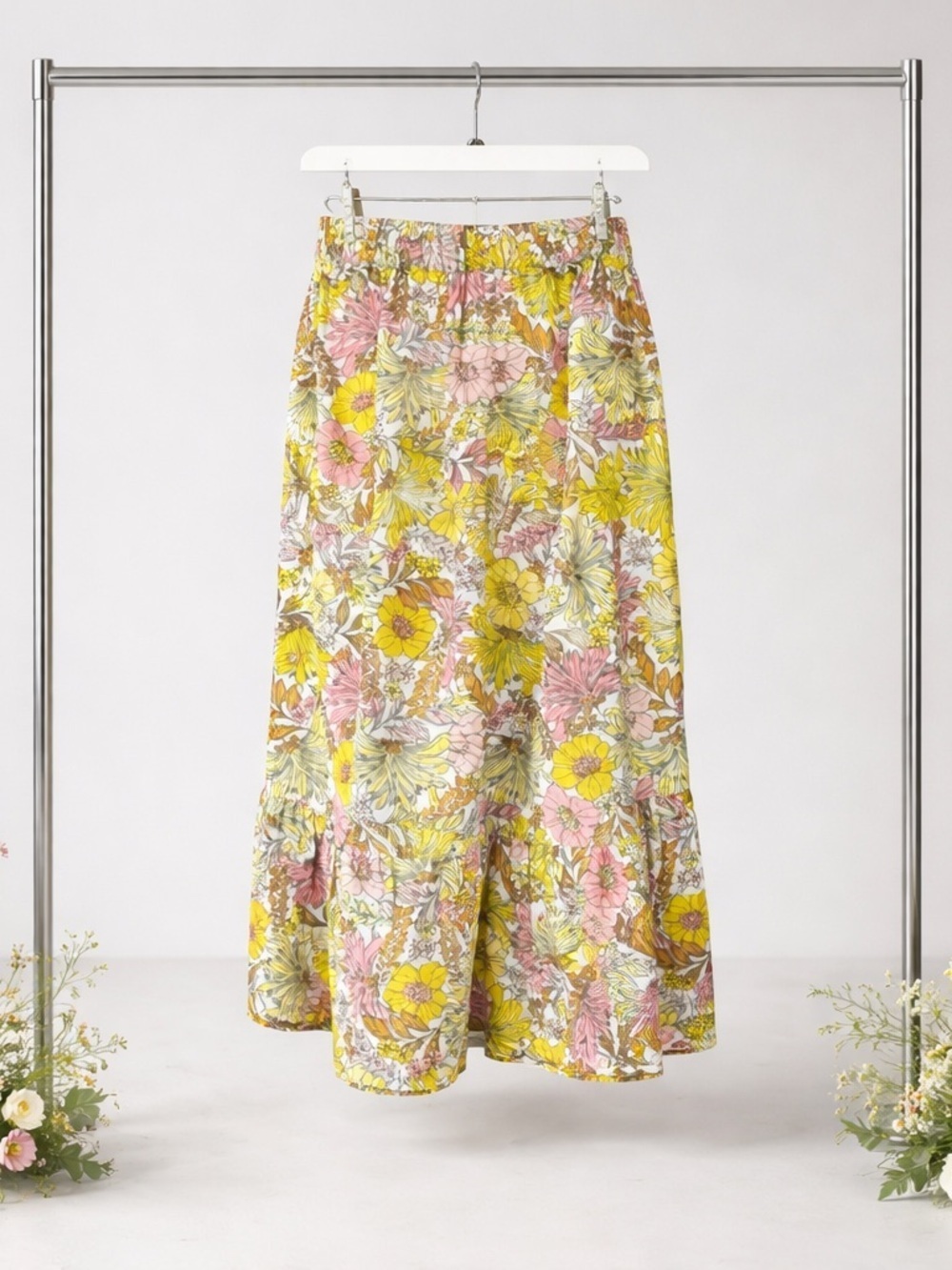 Loft Floral Yellow Fit & Flare Linen Blend Skirt